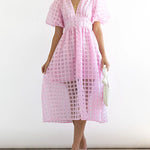 Nadorine Women's Deep V Neck Short Puff Sleeve Plaid Midi Dress Elegant Button Front Beach Flowy Dress