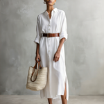 Women's Elegant White Woven Loose-fitting Long-sleeved Midi Dress