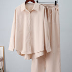 Solid Color High-Low Long Sleeves Lapel Blouses + Drawstring Pants Two Pieces Set