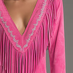 Western-style Retro Embroidered Tassel Pink Faux Suede Mini Dress