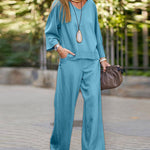 Two-Piece V-Neck Long-Sleeved Shirt and Solid Color Wide-Leg Pants Set