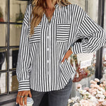 Nadorine Roll Up Sleeve Button Down Lapel Blouse with Pocket Comfy Casual Loose Fit Shirt
