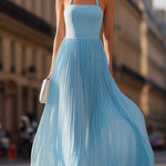 Sky Blue Halter Pleated Maxi Dress