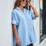 Nadorine Long Cuffed Sleeve Shirts Button Down V Neck Blouse Loose Fitting Tops