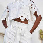 Redefining Elegance Floral Lace Cropped Shirt and Belt Pocketed Wide Leg Pants Set