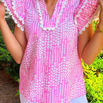 Pink Abstract Print Ric Rac Trim Flutter Sleeve Notch V Neck Blouse
