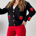 Nadorine Women's Casual Two Pieces Sets Strawberry Pattern Sweater Cardigan and Long Pants
