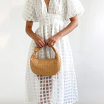 Nadorine Women's Deep V Neck Short Puff Sleeve Plaid Midi Dress Elegant Button Front Beach Flowy Dress