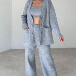 Elegant Three-pieces Knitwear Set Crop Vest Button Sweater Cardigant and Wide Leg Pant Outfits