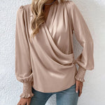 Nadorine Elegant V-neck Lantern Sleeve Blouse Temperament Solid Color Shirt for Women Casual Work Office Loose Fit 2026 | Under $40