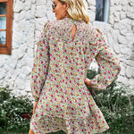 Long Sleeve Dress Boho Floral Ruffle High Neck Mini Dress Casual Loose Pleated Flowy Dresses