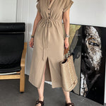 Nadorine Women's Cotton Linen Dress Round Neck Single Breasted Button Sleeves Drawstring Slit Mid Length Dress