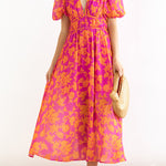 Elegant V-neck slim waist large swing skirt printed dress