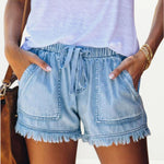 Nadorine Denim Shorts Casual Drawstring Elastic Waist Summer Frayed Tencel Short Jeans With Pockets