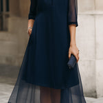 Mandarin Collar Sheer Overlay Midi Dress
