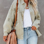 Nadorine Cropped Jacket Frayed Hem Button Long Sleeves Casual Loose Solid Color Denim Jacket
