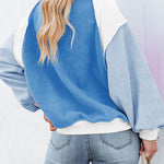 Nadorine Colorblock Bishop Sleeve Sweatshirt Plush Stitching Jumper Crop Top