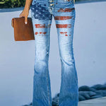 Independence Day Multi Button High Waist American Flag Printed Flare Leg Jeans