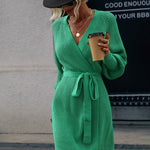 Lantern Sleeve Belted Sweater Dress