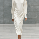 Women's Casual White Cotton And Linen Round Neck Loose Long-sleeved Maxi Dress