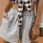 Elastic Waist Cotton Linen Wide Leg Shorts with Pocket