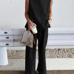 Nadorine Casual Loose Sleeveless Slit Solid Color Vest Trousers Pants Set