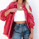 Nadorine Cropped Jacket Frayed Hem Button Long Sleeves Casual Loose Solid Color Denim Jacket