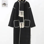 Women's Thickened Loose Woolen Longline Coat With Fringed Scarf
