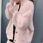 Women's Faux Fur Sweater Cardigan Knitted Turtleneck Jumper Fluffy Coat