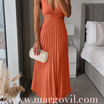 7 Colors Chicest V Neck Cut Out Waist Sleeveless Pleated Maxi Dress