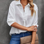 Nadorine Half Sleeve V-Neck Shirts Loose Casual Chiffon Collared Tunic Work Blouse