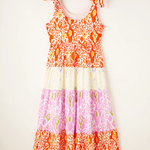 Orange Knotted Straps Leopard Colorblock Tiered Dress
