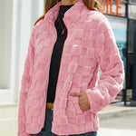 Long-sleeved Zippered Cardigan Loose Solid Color Checkered Plush Jacket