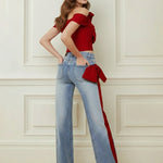 Wide Leg Bow-Embellished Contrast Color Jean Pants Bottoms
