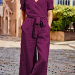 SHORT SLEEVE SOLID COLOR LACE-UP V NECK SOFT ROMPER JUMPSUIT