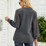 Nadorine V Neck Tops Solid Color Blouse Long Sleeve Pullover Lace Patchwork Shirt