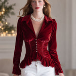 Fashionable Retro Red Velvet Pleated Ruffled Long-sleeved Shirt