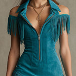 Western Retro Peacock Blue Faux Suede Hollow-Out Tassel Mini Dress