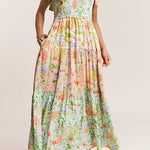 Margovil V Neck Bow Shoulder Tiered Floral Print Maxi Dress