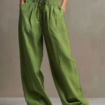 Casual Retro Green Cotton Linen Sleeveless Zip-up Shirt And Wide-leg Pants Set