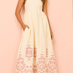 Paradise Flowers Linen Blend Unique Print Pocketed Strap Loose Maxi Dress