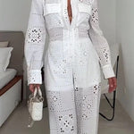 Vivi Embroidered Lace Cutout Long Sleeve Pocket Elastic Waist Loose Shirt Jumpsuit