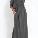 Ultimate Comfort Elastic Waist Half Sleeve Pocketed Slit Maxi Dress