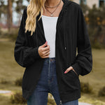 V-Neck Zipper Closure Solid Color Long Loose Hoodie Jacket