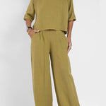 Linen Blend Solid Color Casual Round Neck Top and Loose Wide-leg Pants Set