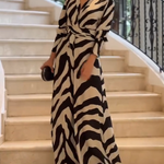 Long Sleeves Wide Leg Split-Joint Tied Waist Zebra Printed Lapel Jumpsuits