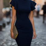 Elegant Navy Blue Flutter-Sleeve Sheath Dress With Tailored Waist
