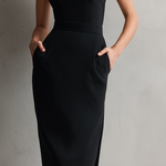 Women's Elegant Black Stretch Strapless Bodycon Midi Dress