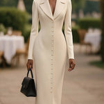 Bodycon Long Sleeves Buttoned Solid Color Notched Collar Midi Dresses Outerwear
