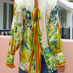 Satin Floral Print Back Tie-up Button Down Oversized Blouse